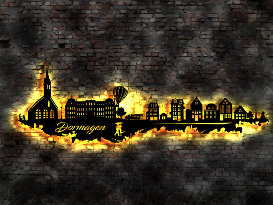 Skyline Dormagen   LED Wandbild Holz Stadt AK Karte Map Stadtplan Wandsticker Leuchtbild Neonreklame Wandtattoo Reiseführer Silhouette