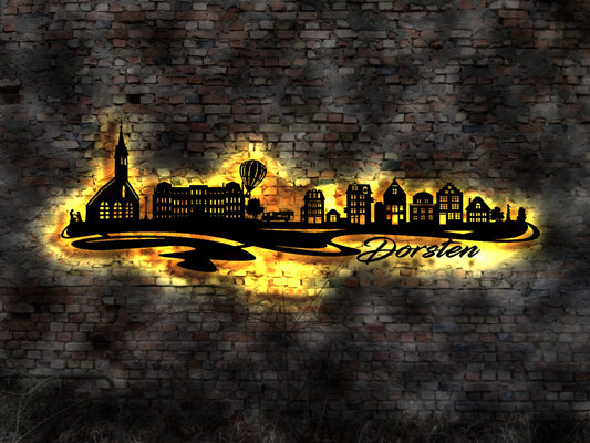 Skyline Dorsten   LED Wandbild Holz Stadt AK Karte Map Stadtplan Wandsticker Leuchtbild Neonreklame Wandtattoo Reiseführer Silhouette