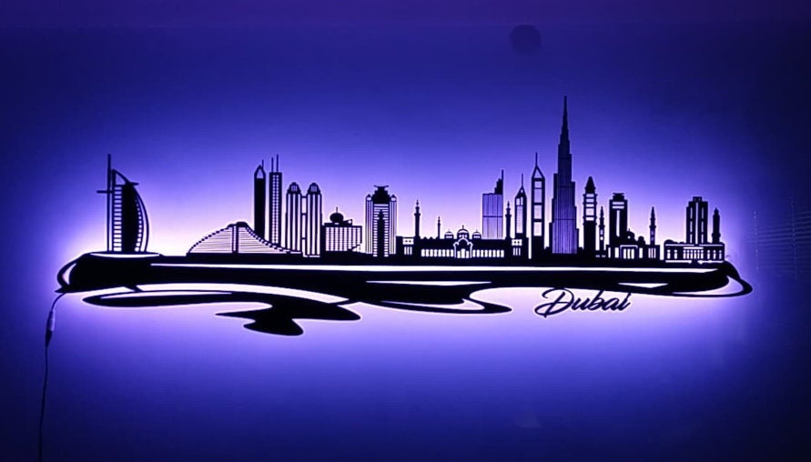 Skyline Dubai LED Wandbild Holz Stadt AK Karte Map Stadtplan Wandsticker Leuchtbild Neonreklame Wandtattoo Reiseführer Silhouette