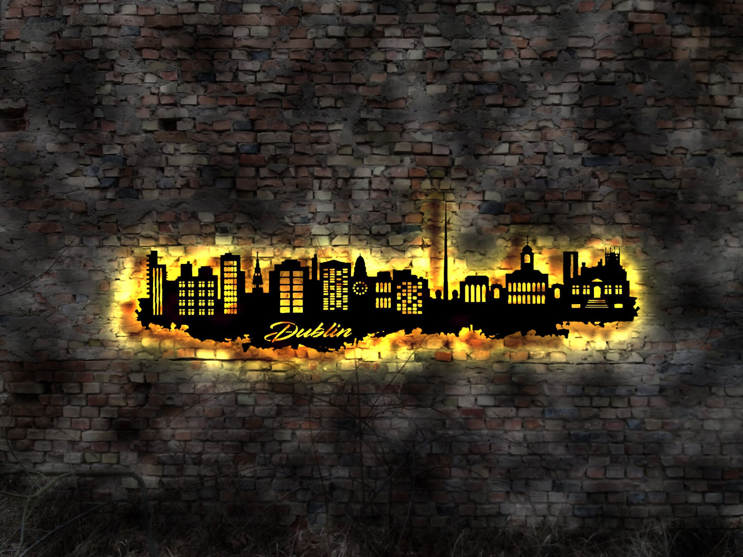 Skyline Dublin Irland  LED Wandbild Holz Stadt AK Karte Map Stadtplan Wandsticker Leuchtbild Neonreklame Wandtattoo Reiseführer Silhouette