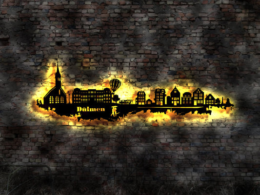 Skyline Dülmen LED Wandbild Holz Stadt AK Karte Map Stadtplan Wandsticker Leuchtbild Neonreklame Wandtattoo Reiseführer Silhouette