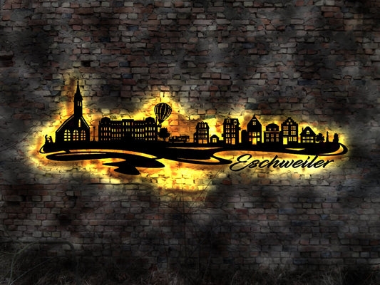 Skyline Eschweiler LED Wandbild Holz Stadt AK Karte Map Stadtplan Wandsticker Leuchtbild Neonreklame Wandtattoo Reiseführer Silhouette