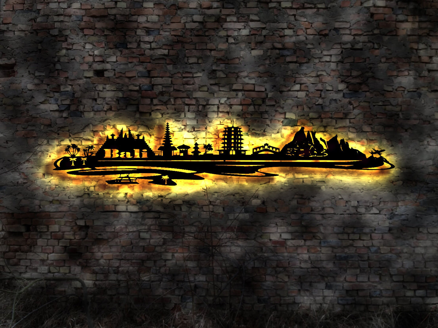 Skyline Bali Island Urlaub  LED Wandbild Holz Stadt AK Karte Map Wandsticker Leuchtbild Neonreklame Wandtattoo Reiseführer Silhouette