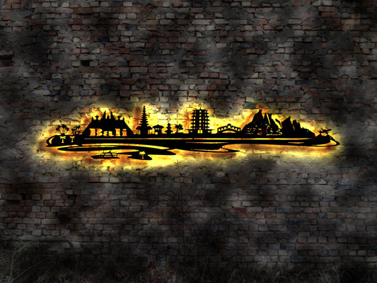 Skyline Bali Island Urlaub  LED Wandbild Holz Stadt AK Karte Map Wandsticker Leuchtbild Neonreklame Wandtattoo Reiseführer Silhouette