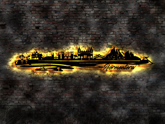 Skyline Formentera Island Urlaub  LED Wandbild Holz Stadt AK Karte Map Wandsticker Leuchtbild Neonreklame Wandtattoo Reiseführer Silhouette