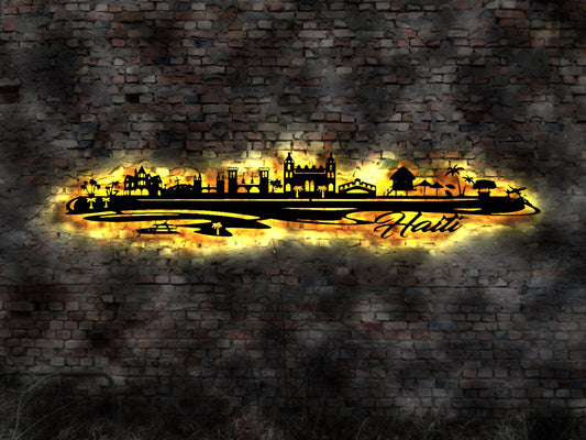 Skyline Haiti Urlaub  LED Wandbild Holz Stadt AK Karte Map Wandsticker Leuchtbild Neonreklame Wandtattoo Reiseführer Silhouette
