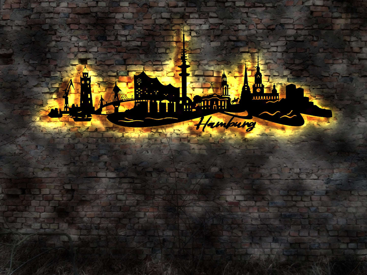 Skyline Hamburg HH Hansestadt  LED Wandbild Stadt  Karte Map Stadtplan Wandsticker Leuchtbild Neonreklame Wandtattoo Reiseführer Silhouette
