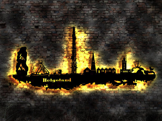 Skyline Helgoland Nordsee  Urlaub  LED Wandbild Holz Stadt AK Karte Map Wandsticker Leuchtbild Neonreklame Wandtattoo Reiseführer Silhouette