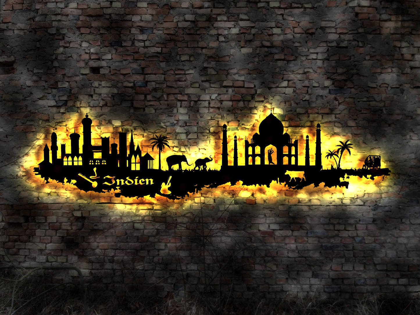 Skyline Indien Land  LED Wandbild Holz indisch Delhi  Map Stadtplan Wandsticker Leuchtbild Neonreklame Wandtattoo Reiseführer Silhouette