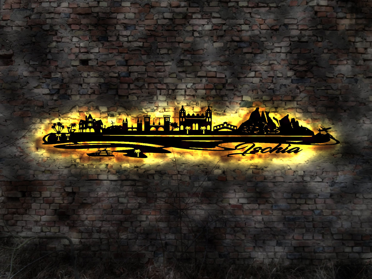 Skyline Ischia Insel  Urlaub  LED Wandbild Holz Stadt AK Karte Map Wandsticker Leuchtbild Neonreklame Wandtattoo Reiseführer Silhouette