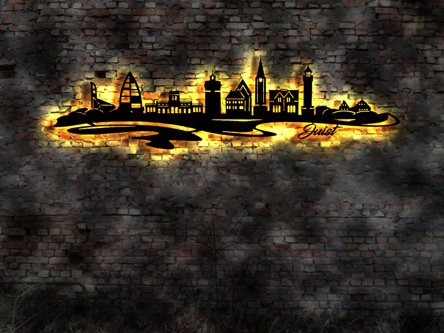 Skyline Juist Insel  Urlaub  LED Wandbild Holz Stadt AK Karte Map Wandsticker Leuchtbild Neonreklame Wandtattoo Reiseführer Silhouette