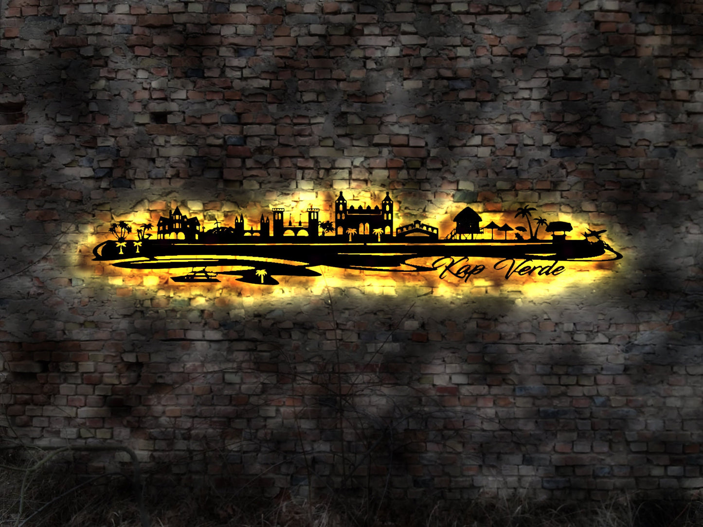 Skyline Kap Verde Kapverden Kapwerden  Wandbild Holz Stadt AK Karte Map Wandsticker Leuchtbild Neonreklame Wandtattoo Reiseführer Silhouette