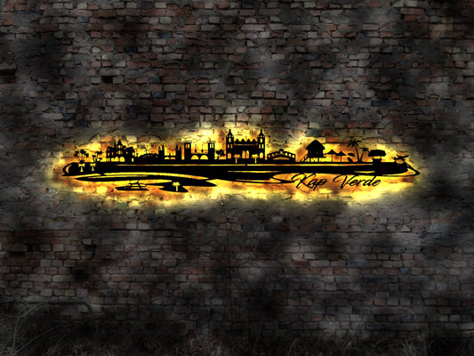 Skyline Kap Verde Kapverden Kapwerden  Wandbild Holz Stadt AK Karte Map Wandsticker Leuchtbild Neonreklame Wandtattoo Reiseführer Silhouette