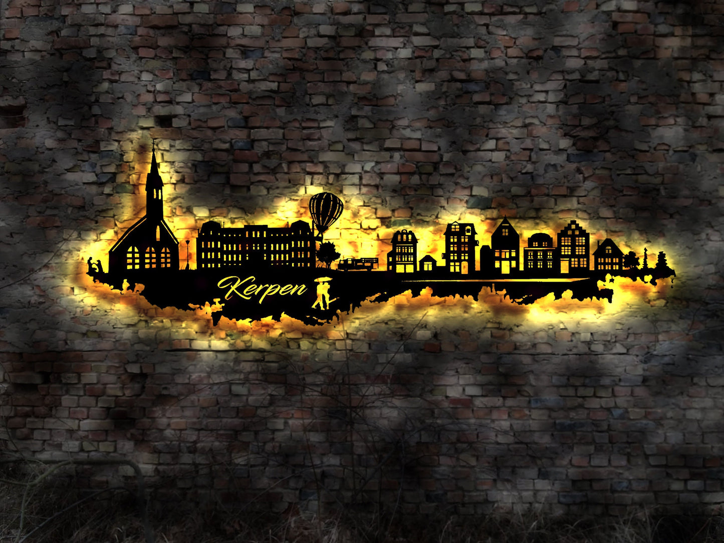 Skyline Kerpen  LED Wandbild Holz Stadt AK Karte Map Stadtplan Wandsticker Leuchtbild Neonreklame Wandtattoo Reiseführer Silhouette