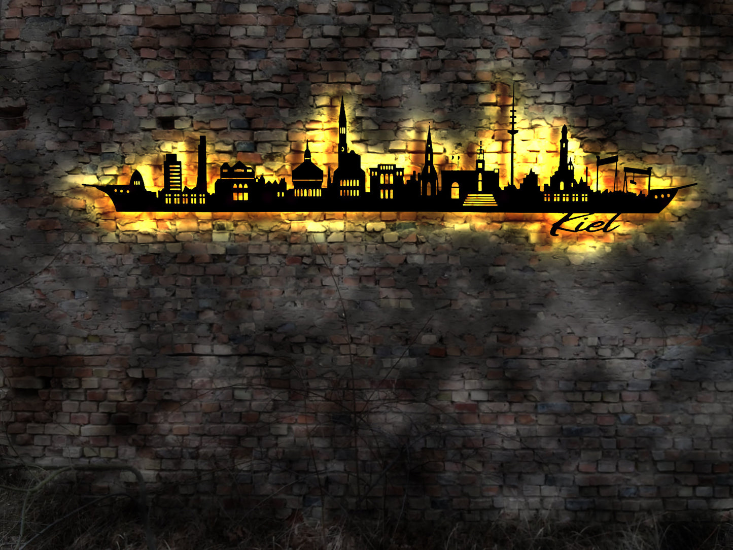 Skyline Kiel Norddeutschland Wandbild Holz Stadt AK Karte Map Stadtplan Wandsticker Leuchtbild Neonreklame Wandtattoo Reiseführer Silhouette