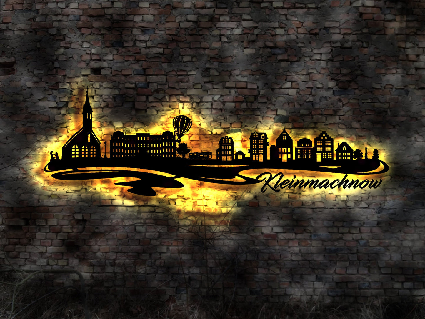 Skyline Kleinmachnow LED Wandbild Holz Stadt AK Karte Map Stadtplan Wandsticker Leuchtbild Neonreklame Wandtattoo Reiseführer Silhouette