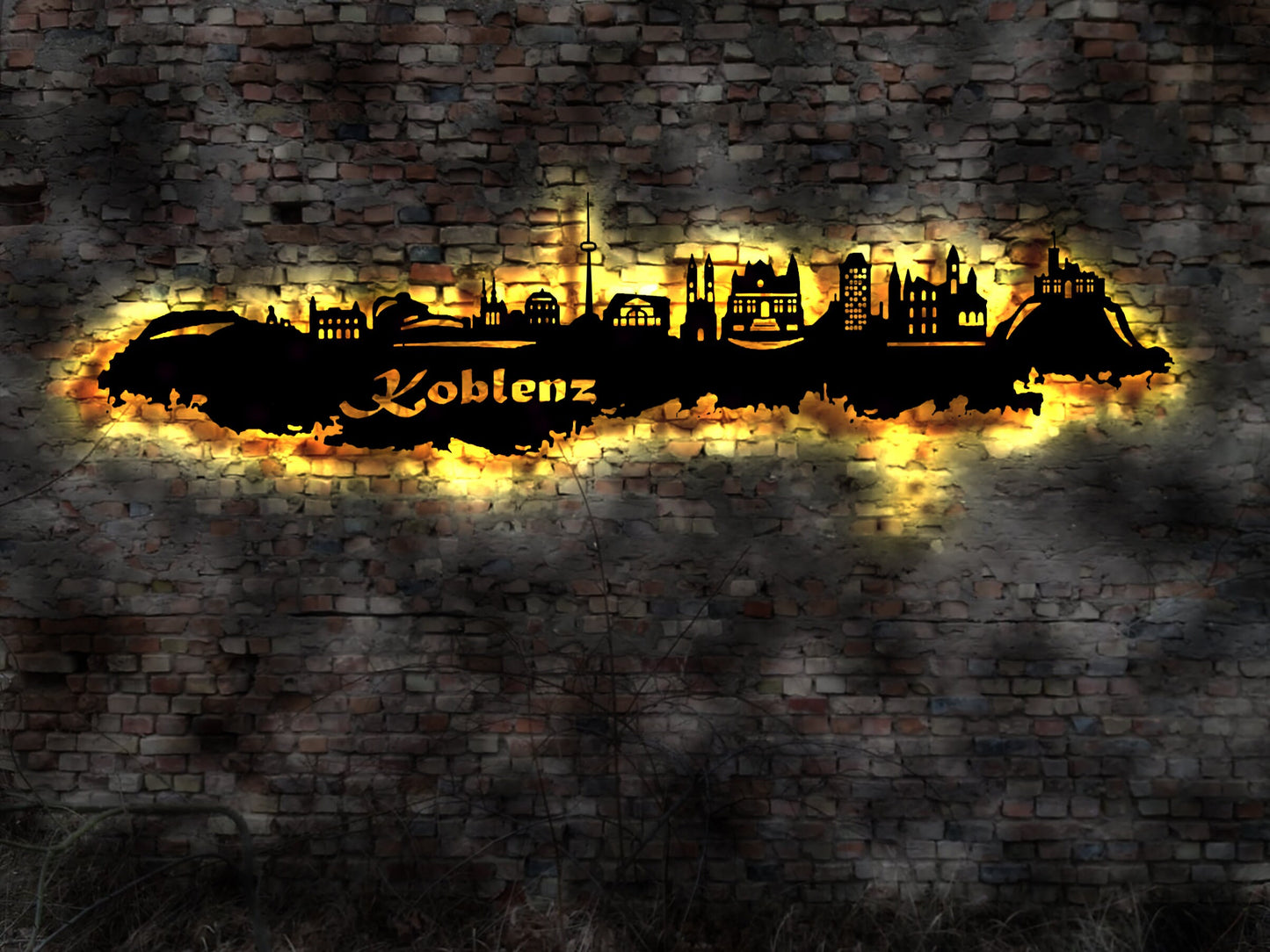 Skyline Koblenz LED Wandbild Holz Stadt AK Karte Map Stadtplan Wandsticker Leuchtbild Neonreklame Wandtattoo Reiseführer Silhouette
