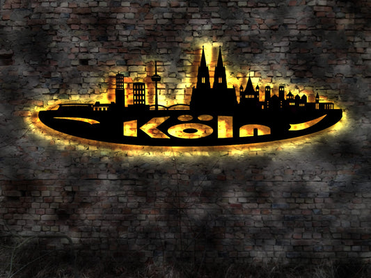 Skyline Köln Cologne LED Wandbild Holz Stadt AK Karte Map Stadtplan Wandsticker Leuchtbild Neonreklame Wandtattoo Reiseführer Silhouette