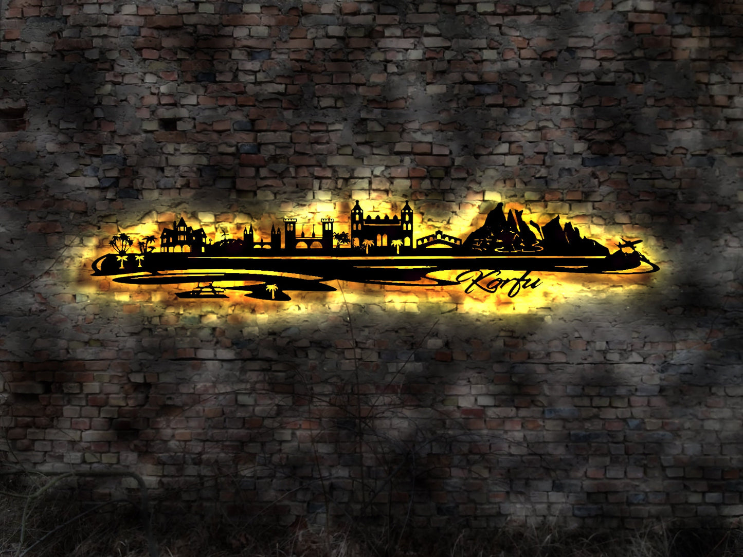 Skyline Korfu Insel  Urlaub  LED Wandbild Holz Stadt AK Karte Map Wandsticker Leuchtbild Neonreklame Wandtattoo Reiseführer Silhouette