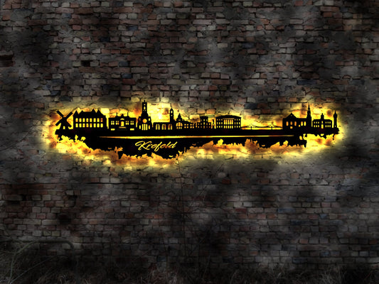 Skyline Krefeld LED Wandbild Holz Stadt AK Karte Map Stadtplan Wandsticker Leuchtbild Neonreklame Wandtattoo Reiseführer Silhouette