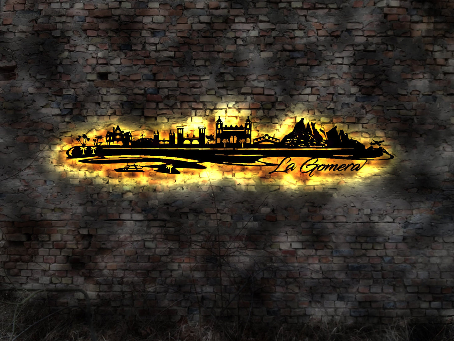 Skyline Insel La Gomera LED Wandbild Holz Stadt AK Karte Map Wandsticker Leuchtbild Neonreklame Wandtattoo Reiseführer Silhouette