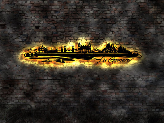 Skyline Insel La Gomera LED Wandbild Holz Stadt AK Karte Map Wandsticker Leuchtbild Neonreklame Wandtattoo Reiseführer Silhouette