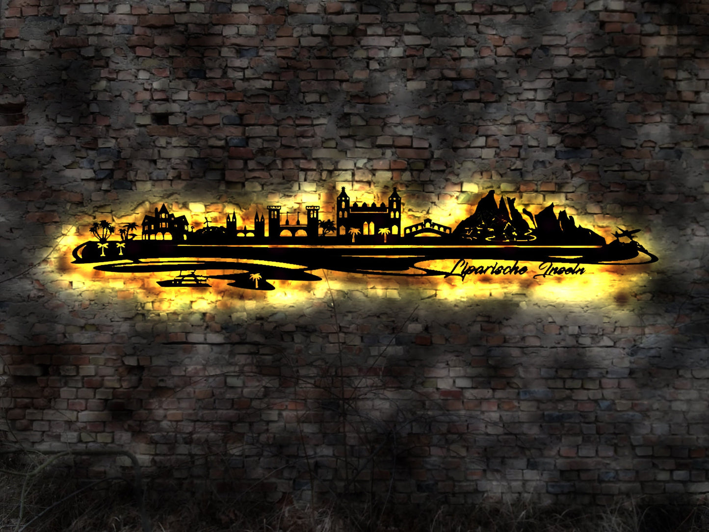 Skyline Liparische Inseln Urlaub  LED Wandbild Holz Stadt AK Karte Map Wandsticker Leuchtbild Neonreklame Wandtattoo Reiseführer Silhouette