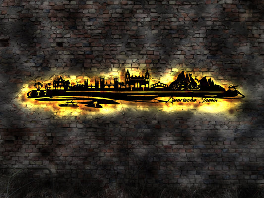 Skyline Liparische Inseln Urlaub  LED Wandbild Holz Stadt AK Karte Map Wandsticker Leuchtbild Neonreklame Wandtattoo Reiseführer Silhouette