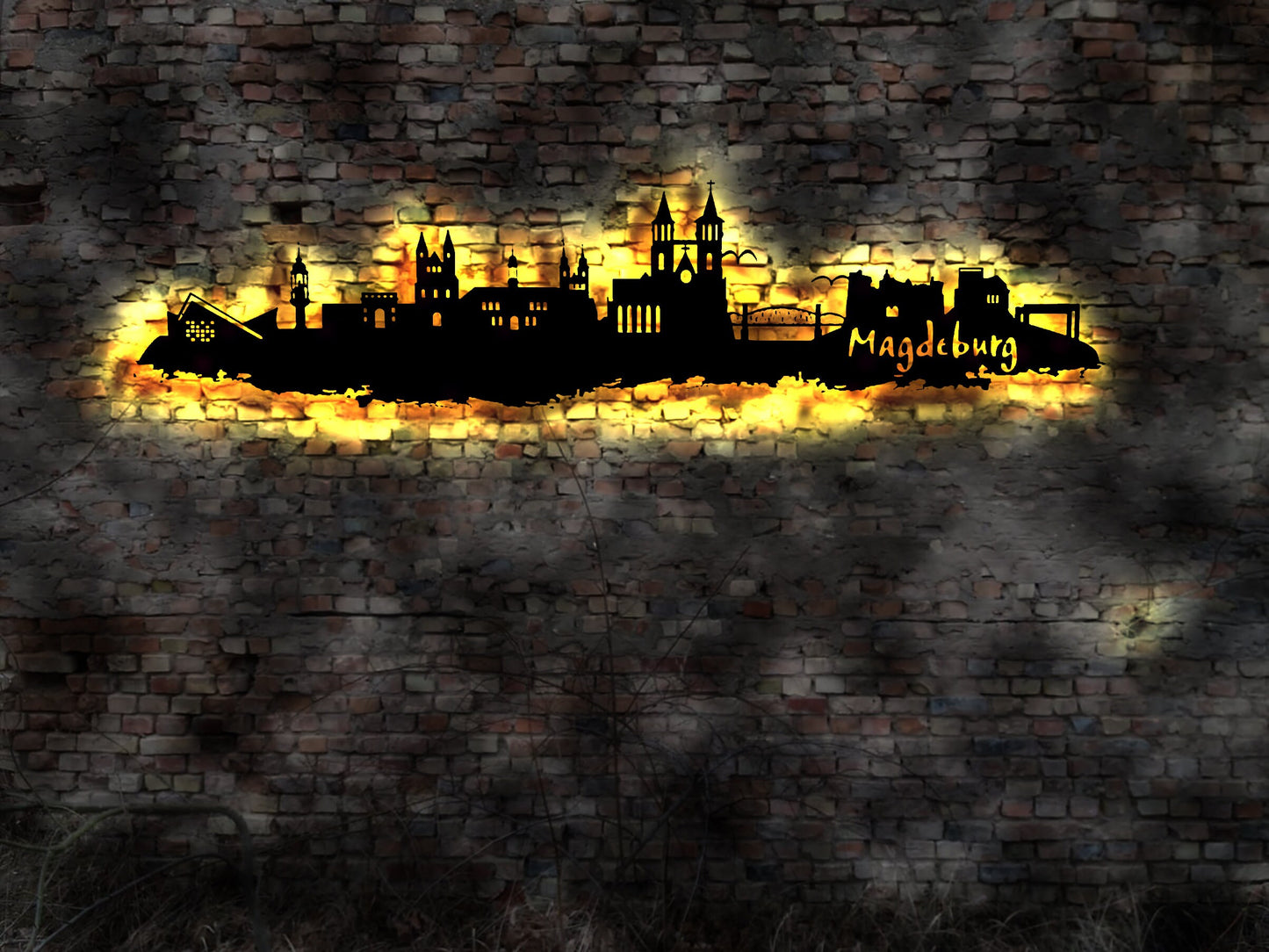 Skyline Magdeburg LED Wandbild Holz Stadt AK Karte Map Stadtplan Wandsticker Leuchtbild Neonreklame Wandtattoo Reiseführer Silhouette