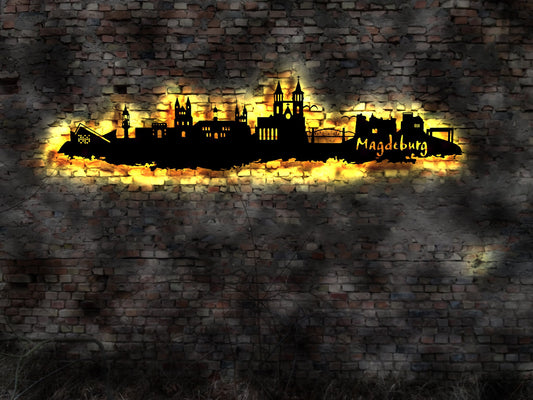Skyline Magdeburg LED Wandbild Holz Stadt AK Karte Map Stadtplan Wandsticker Leuchtbild Neonreklame Wandtattoo Reiseführer Silhouette