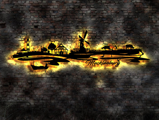 Skyline Mecklenburg Vorpommern MV Holz Stadt AK Karte Map Stadtplan Wandsticker Leuchtbild Neonreklame Wandtattoo Reiseführer Silhouette