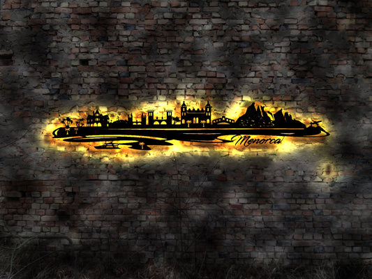 Skyline Insel Menorca LED Wandbild Holz Stadt AK Karte Map Wandsticker Leuchtbild Neonreklame Wandtattoo Reiseführer Silhouette