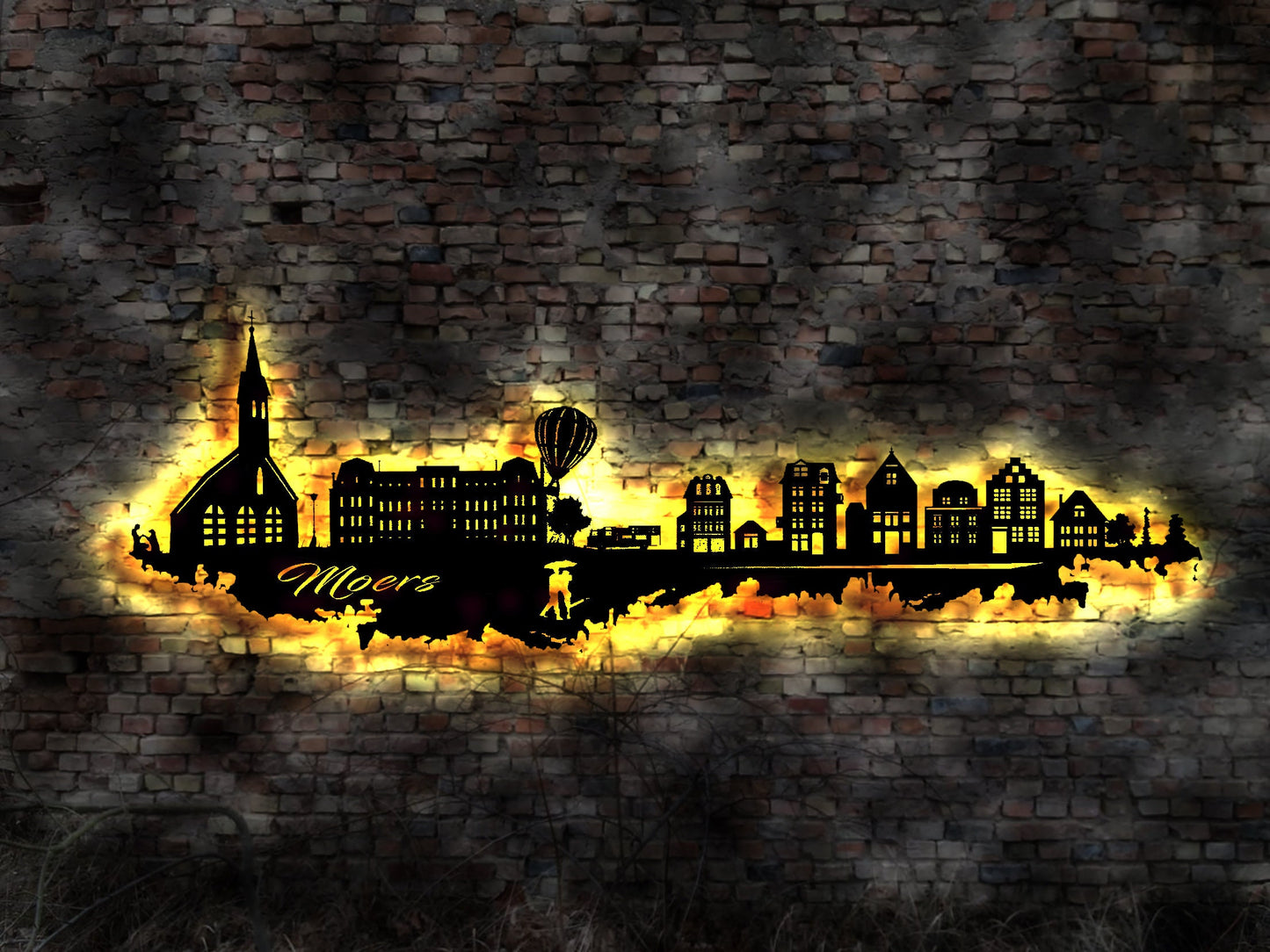 Skyline Moers LED Wandbild Holz Stadt AK Karte Map Stadtplan Wandsticker Leuchtbild Neonreklame Wandtattoo Reiseführer Silhouette