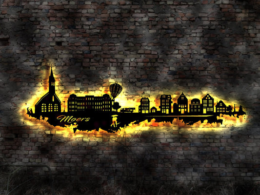 Skyline Moers LED Wandbild Holz Stadt AK Karte Map Stadtplan Wandsticker Leuchtbild Neonreklame Wandtattoo Reiseführer Silhouette