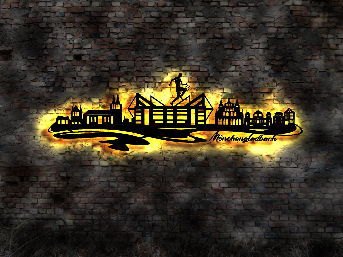 Skyline Mönchengladbach  LED Wandbild Holz Stadt AK Karte Map Stadtplan Wandsticker Leuchtbild Neonreklame Wandtattoo Reiseführer Silhouette