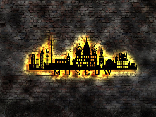 Skyline Moskau LED Wandbild Holz Stadt AK Karte Map Stadtplan Wandsticker Leuchtbild Neonreklame Wandtattoo Reiseführer Silhouette