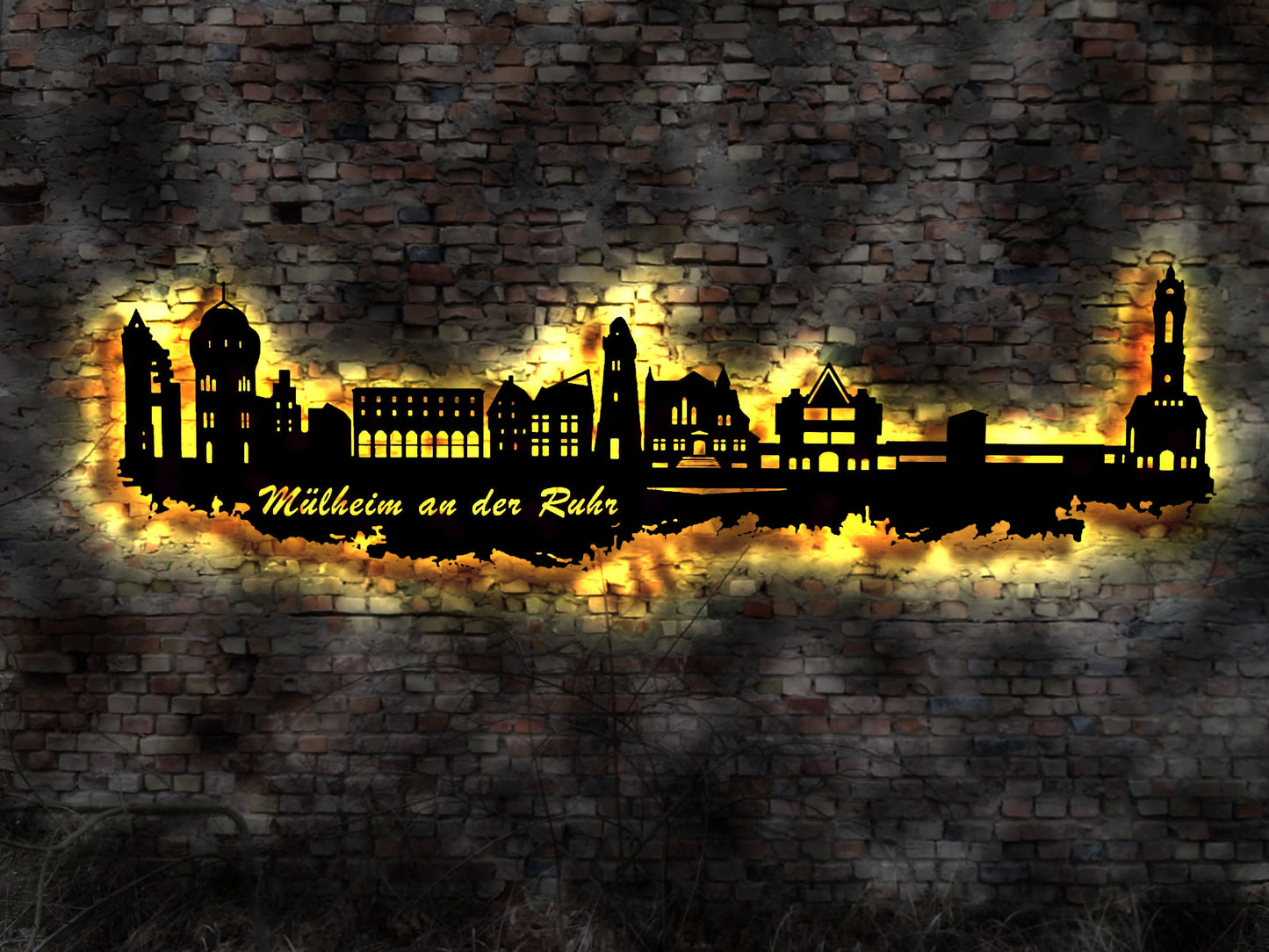 Skyline Mühlheim a.d. an der Ruhr  Holz Stadt AK Karte Map Stadtplan Wandsticker Leuchtbild Neonreklame Wandtattoo Reiseführer Silhouette
