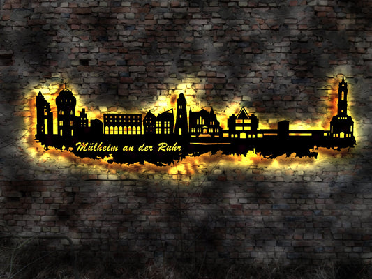 Skyline Mühlheim a.d. an der Ruhr  Holz Stadt AK Karte Map Stadtplan Wandsticker Leuchtbild Neonreklame Wandtattoo Reiseführer Silhouette