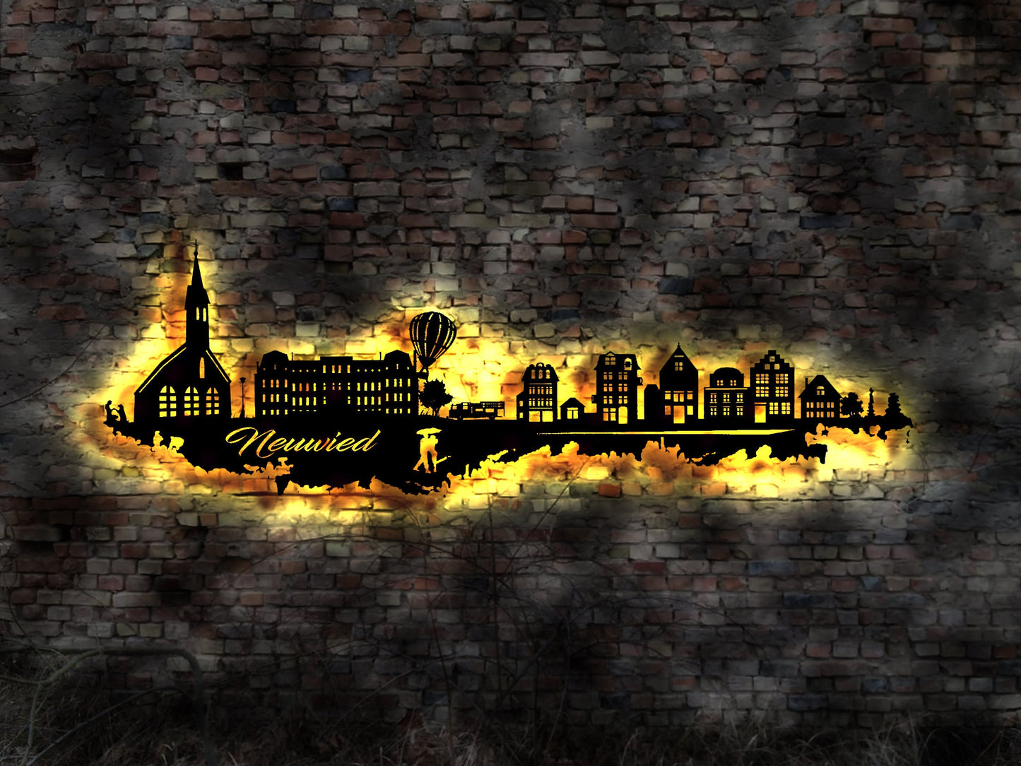 Skyline Neuwied LED Wandbild   Holz Stadt AK Karte Map Stadtplan Wandsticker Leuchtbild Neonreklame Wandtattoo Reiseführer Silhouette