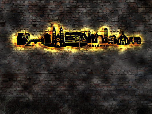 Skyline Nürnberg LED Wandbild   Holz Stadt AK Karte Map Stadtplan Wandsticker Leuchtbild Neonreklame Wandtattoo Reiseführer Silhouette