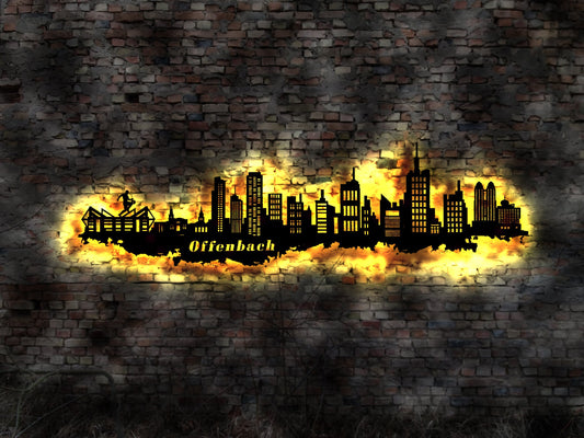 Skyline Offenbach LED Wandbild   Holz Stadt AK Karte Map Stadtplan Wandsticker Leuchtbild Neonreklame Wandtattoo Reiseführer Silhouette