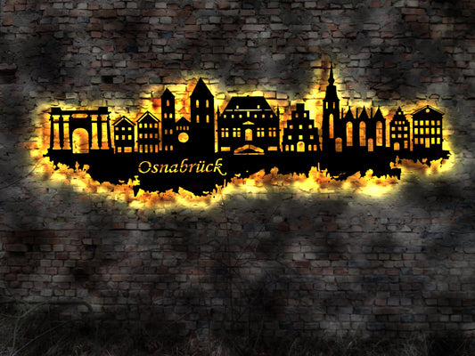Skyline Osnabrück LED Wandbild   Holz Stadt AK Karte Map Stadtplan Wandsticker Leuchtbild Neonreklame Wandtattoo Reiseführer Silhouette