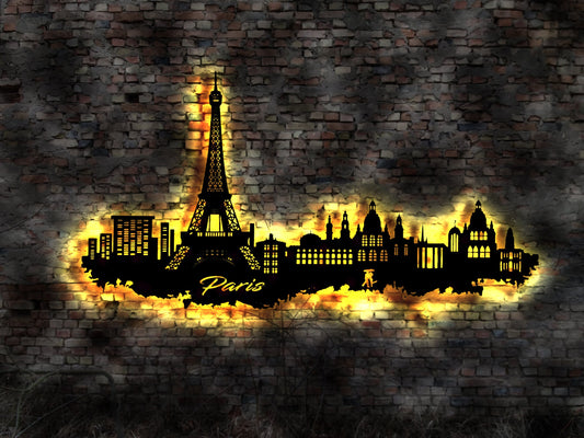 Skyline Paris Eifelturm  Wandbild   Holz Stadt AK Karte Map Stadtplan Wandsticker Leuchtbild Neonreklame Wandtattoo Reiseführer Silhouette
