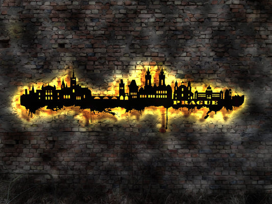 Skyline Prag Praha Praque  Wandbild Holz Stadt AK Karte Map Stadtplan Wandsticker Leuchtbild Neonreklame Wandtattoo Reiseführer Silhouette