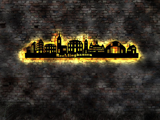 Skyline Recklinghausen LED Wandbild Holz Stadt AK Karte Map Stadtplan Wandsticker Leuchtbild Neonreklame Wandtattoo Reiseführer Silhouette