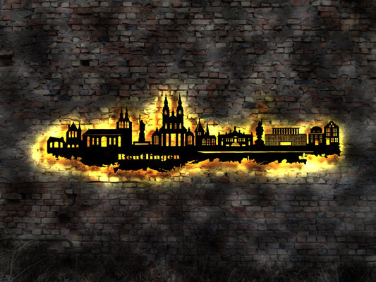 Skyline Reutlingen LED Wandbild Holz Stadt AK Karte Map Stadtplan Wandsticker Leuchtbild Neonreklame Wandtattoo Reiseführer Silhouette