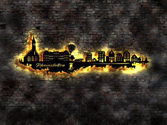 Skyline Rheinstetten LED Wandbild Holz Stadt AK Karte Map Stadtplan Wandsticker Leuchtbild Neonreklame Wandtattoo Reiseführer Silhouette