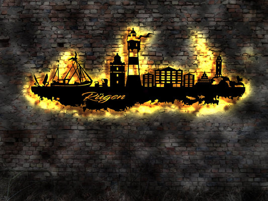 Skyline Insel Rügen Ostsee LED Wandbild Holz Stadt  Karte Map Stadtplan Wandsticker Leuchtbild Neonreklame Wandtattoo Reiseführer Silhouette