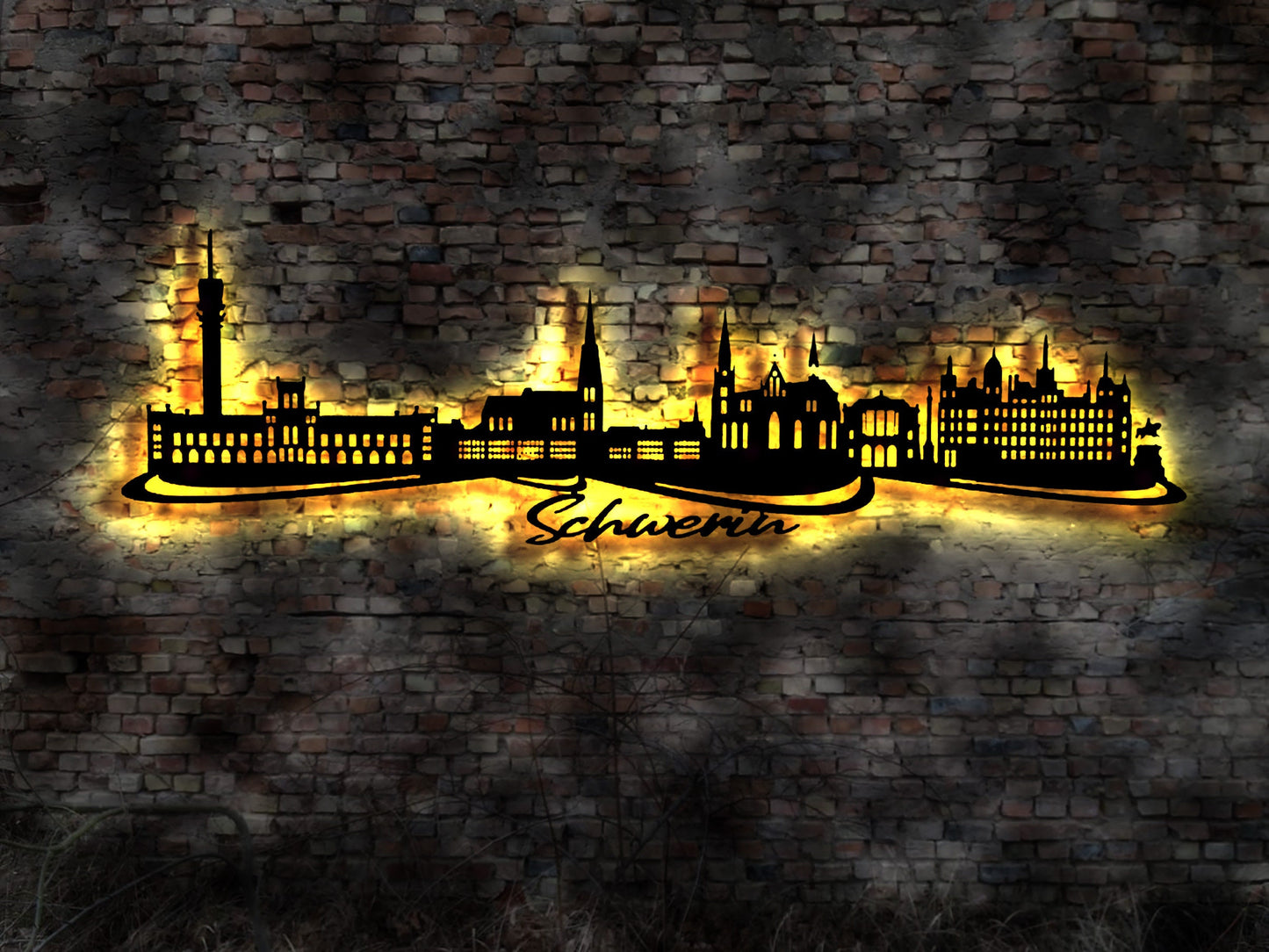 Skyline Schwerin MW LED Wandbild Holz Stadt AK Karte Map Stadtplan Wandsticker Leuchtbild Neonreklame Wandtattoo Reiseführer Silhouette