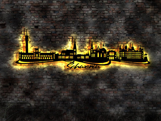 Skyline Schwerin MW LED Wandbild Holz Stadt AK Karte Map Stadtplan Wandsticker Leuchtbild Neonreklame Wandtattoo Reiseführer Silhouette